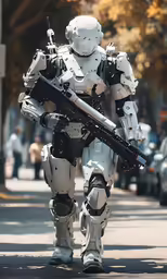 a man in futuristic suit and gas mask