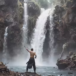 a man that is standing near some waterfall
