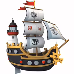 an pirate ship with a flag and lighthouse