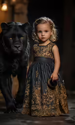 a little girl standing next to a black dog