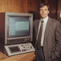 a man standing in front of a computer monitor