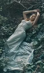 a woman in a gown lying on the ground with her hands behind her head