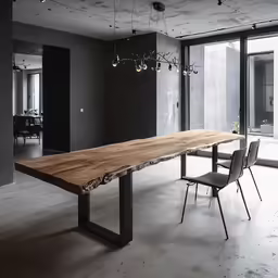 a wooden table and chairs in an empty room