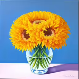 painting of a sunflower in a clear blue vase,a painting of a sunflower in a vase