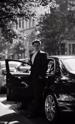 a black and white photo of a man leaning out of a car