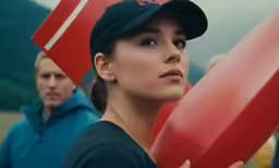 a woman is holding red paddles and a man in blue stands behind her