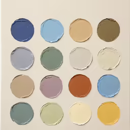 a group of paint samples in various shades of blue, yellow, red and green