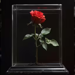 a red rose in a black display case