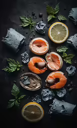 there are slices of fish and some fruit