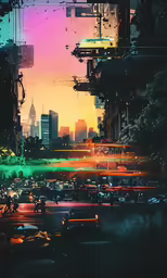 a large painting of a sunset over some cars in a busy city