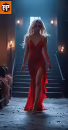 a woman wearing a sexy red gown is standing in front of stairs