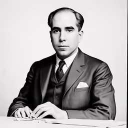 an old photo of a man sitting at a table with papers