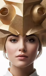 a young woman wearing gold metallic headgear, looking straight into camera