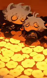 two cartoon faces that are laying on some yellow circles