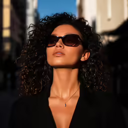a woman wearing a black jacket and sunglasses