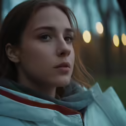 a woman in a hooded jacket staring into the distance