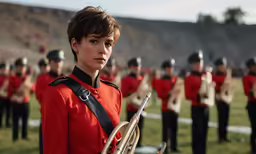 a girl in a red uniform playing a instrument