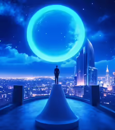 a person standing on a rooftop in front of a city