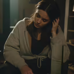 a girl in a living room sitting with her hand on her head
