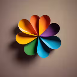 an orange, green and yellow paper flower is on a brown background,a colorful paper flower made up of colors