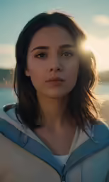 an attractive young woman with brown hair and blue eyes