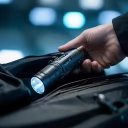 hand with flashlight lights up an empty suitcase