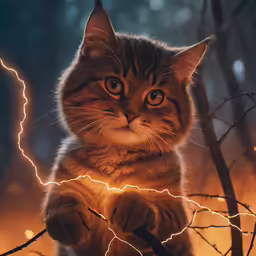 a cat sitting on top of a branch with a lightening effect