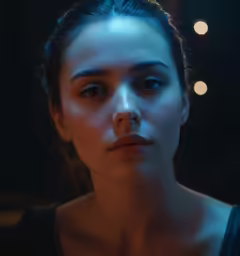 a woman with dark eyes and an unusual glow