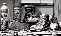 a drawing of shoes, fruit and sportswear and a drink on the ground,a black and white cartoon of an old pair of shoes, fruit, and sports equipment