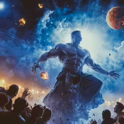 a man standing in the middle of a crowd with his arms outstretched