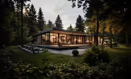a modern cabin with a covered patio surrounded by woods