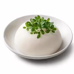 a round dish containing white glob with green sprouts on top