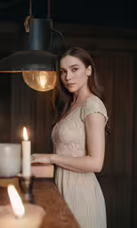 a girl is sitting in front of a table with candles