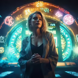 a woman stands in front of a neon sign
