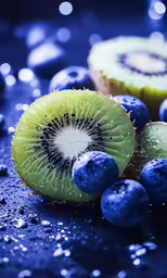 sliced kiwi and blue berries are sitting on a blue counter