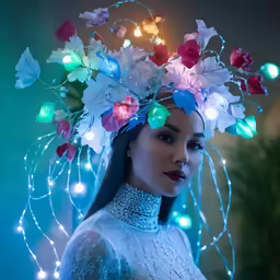 a woman with lights on her head in a white dress