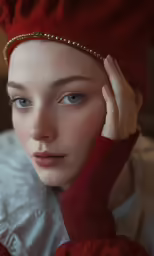 a model is shown with an elaborate hat on