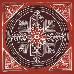 a red, white and black drawing of snowflakes,a drawing of a snowflake on red with snow flakes
