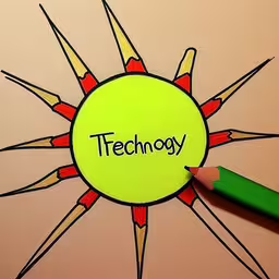 the words technology are written in green in a circle with sharp, red hands,a pencil is next to a green paper and says technology