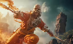 an animated character shooting with fire while standing next to rocks