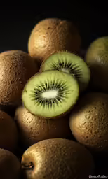 two kiwi slices on top of a pile of other fruits