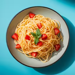 a bowl of noodles with fruit and basil on the top