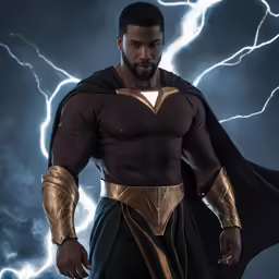 a male superhero standing in front of a lightning background