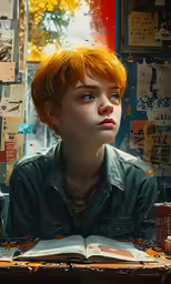 the boy has his head turned into a book