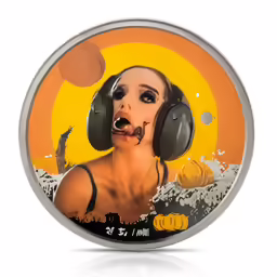 an orange tin with a woman wearing headphones