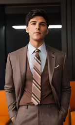 a young man wearing a suit, a stripped shirt, and matching tie