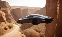 a black sports car driving through some desert