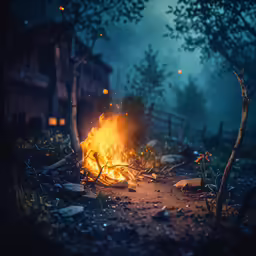 a bonfire in the woods with people walking around it