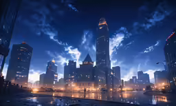 a very tall city with a few lights and clouds