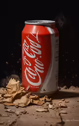 a can of coke on the ground near dried leaves